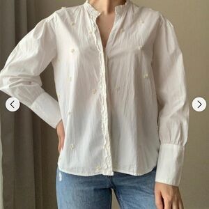 ZARA white cotton button down shirt with pearls details on front